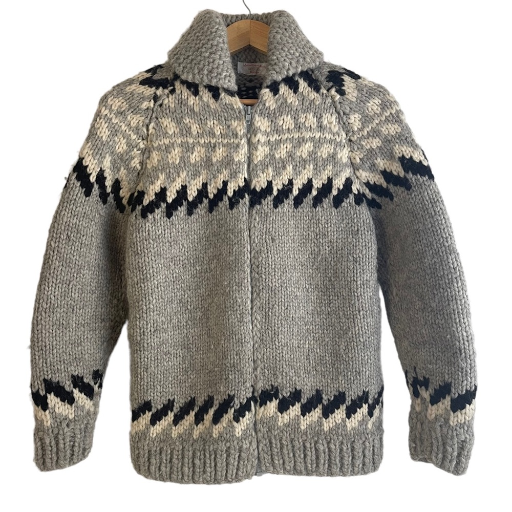 Handmade 100% Wool Grey, Black and Cream Full Zip Cardigan Sweater